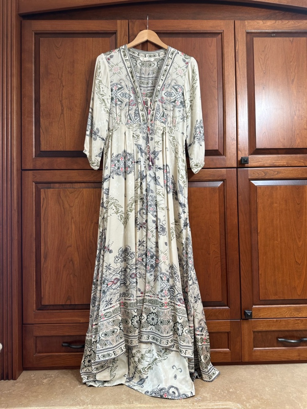 Odd Molly Ivory Paisley Maxi Dress with Pink and Gray Accents